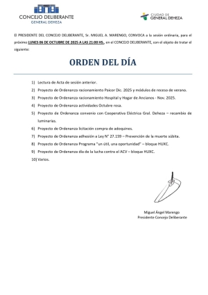 LUNES 6 DE OCTUBRE - NUEVA SESIÓN DEL CONCEJO DELIBERANTE
