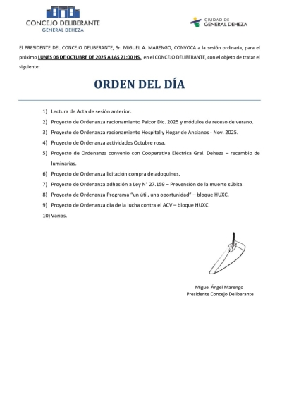 LUNES 6 DE OCTUBRE - NUEVA SESIÓN DEL CONCEJO DELIBERANTE