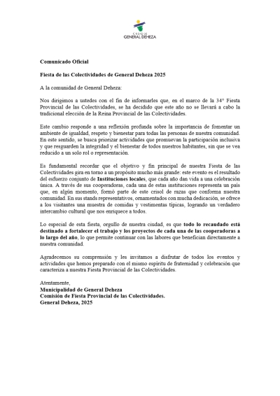 COMUNICADO OFICIAL - FIESTA PROVINCIAL DE LAS COLECTIVIDADES