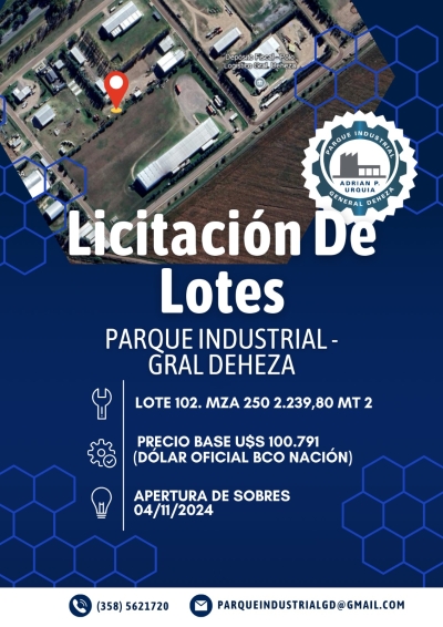 ¡ATENCIÓN! LICITACIÓN DE LOTES EN PARQUE INDUSTRIAL "ADRIÁN P. URQUÍA"