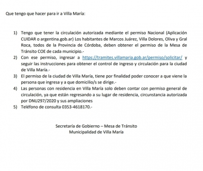 PERMISO PARA VIAJAR A LA CIUDAD DE VILLA MARÍA