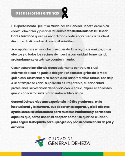 FALLECIMIENTO DEL INTENDENTE MUNICIPAL, OSCAR FLORES FERRANDO
