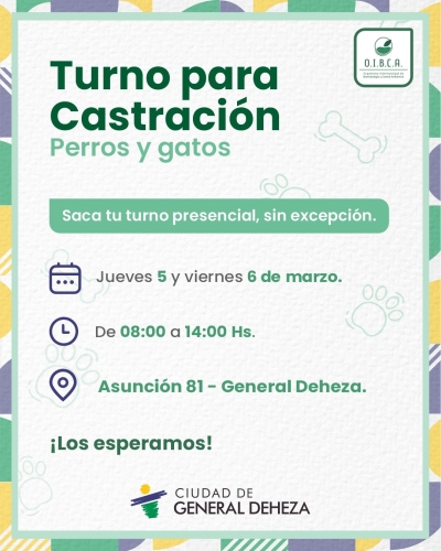 SACÁ TU TURNO PARA LAS PRÓXIMAS CASTRACIONES DE PERROS Y GATOS
