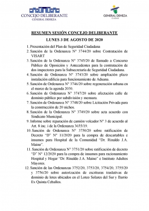 RESUMEN DE LA SESIÓN DE CONCEJO DEL 3 DE AGOSTO.